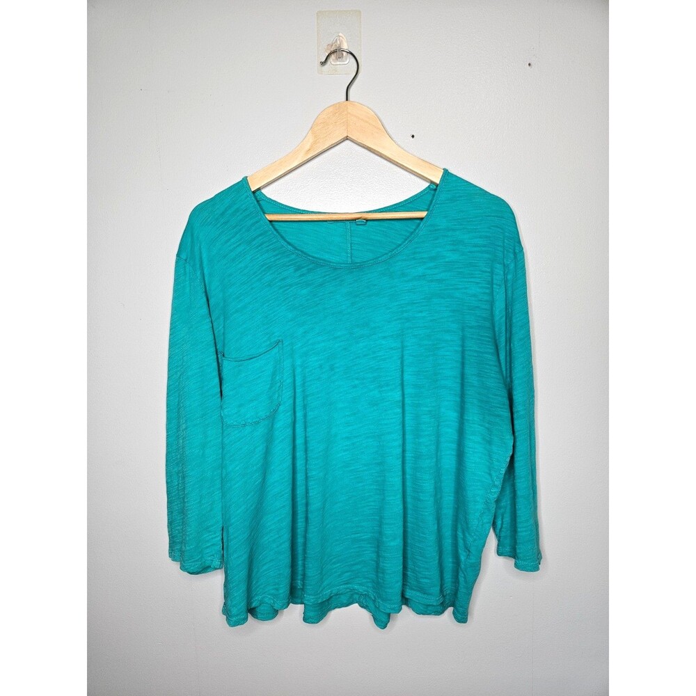 FRESH PRODUCE Womens Top One Size Aqua 3/4 Sleeve Round Neck Pocket Cotton Knit